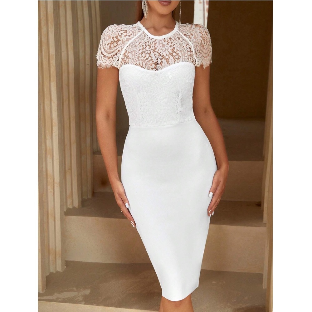 Bandage Lace Detail Bodycon Midi Dress in White - Picture 7 of 17